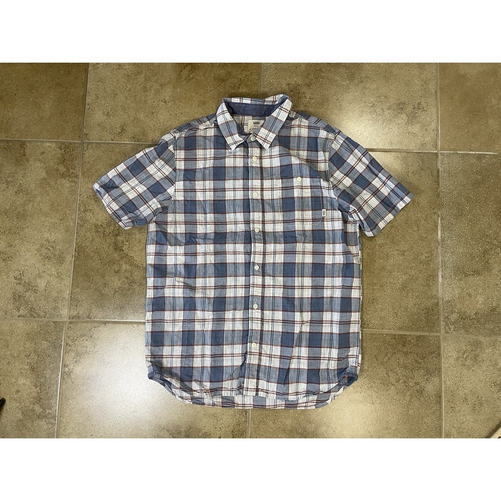 VANS Men's Sz M Blue White Plaid Short Sleeve Skate Surf Button-Up Pocket